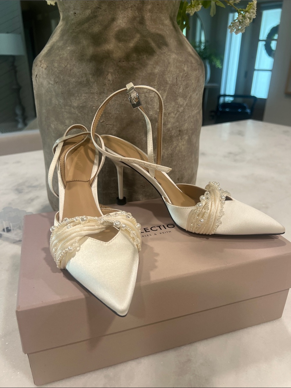 Charles & Keith Ivory Pearl-Embellished Pointed Toe Ankle-Strap Wedding Heels